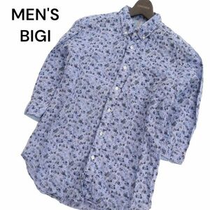 MEN'S BIGI メンズビギ 春夏 麻 リネン100％★ 花柄 フラワー総柄 7分袖 ボタンダウン シャツ Sz.3　メンズ　C4T02132_3#A