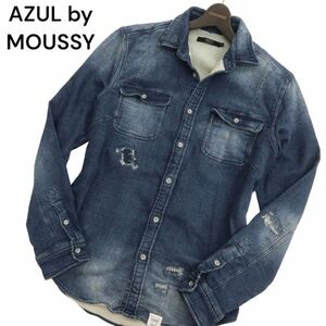 AZUL by MOUSSY アズール マウジー 加工★ 長袖 ストレッチ スウェット ドビー デニム ワーク シャツ Sz.XL　メンズ　C4T02120_3#I