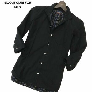 NICOLE CLUB FOR MEN ニコルクラブ フォーメン 春夏 襟ワイヤー★ 7分袖 ストライプ シャツ Sz.46　メンズ 黒　C4T02263_3#A