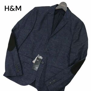 【新品 未使用】 H&M エイチ＆エム 通年 総裏 SLIM FIT エルボーパッチ アンコン テーラード ジャケット Sz.46　メンズ 紺　C4T02306_3#O