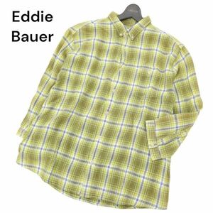 Eddie Bauer エディーバウアー 春夏 7分袖 ゆったり ボタンダウン リネンライク チェックシャツ Sz.L　メンズ アウトドア 緑　C4T02508_3#A