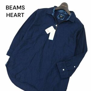 【新品 未使用】 BEAMS HEART ビームス ハート 麻 リネン混★ COOL MAX 7分袖 プルオーバー カプリ シャツ Sz.L　メンズ 紺　C4T02486_3#A