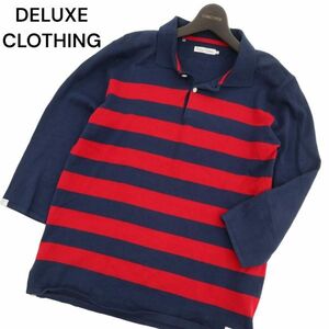 DELUXE CLOTHING 春夏 ボーダー★ 7分袖 コットン ニット ポロシャツ Sz.M　メンズ ネイビー　C4T02550_3#A