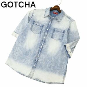 GOTCHA Gotcha spring summer USED processing * Logo embroidery contact cold sensation 6 minute sleeve stretch Denim shirt Sz.XXL men's Surf large size C4T02586_3#A