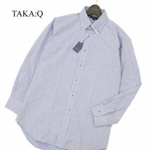 【新品 未使用】 TAKA:Q タカキュー 二重襟★ 長袖 ボタンダウン ストライプ シャツ Sz.XL-86　メンズ 青系 大きいサイズ　C3T07194_8#C