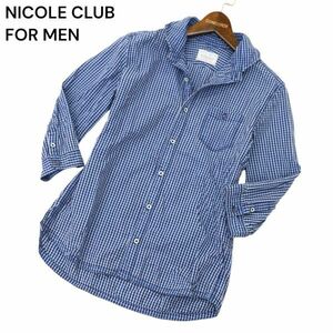 NICOLE CLUB FOR MEN ニコルクラブ フォーメン 春夏 ホリゾンタルカラー★ 7分袖 スリム チェック シャツ Sz.46　メンズ　C4T02589_3#A