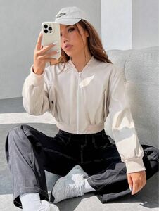 【新品未使用】shein ジッパーアップ　クロップ　ボンバージャケット　アイボリー　L ジャケット