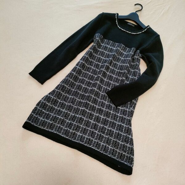 ジルマリー パールデザイン柄ニットワンピース L パールビジュー