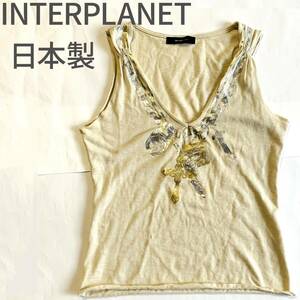 INTERPLANET インタープラネット 日本製 Mサイズ シルバー ゴールド ベージュ ネックレス Vネック タンクトップ ノースリーブ 箔プリント