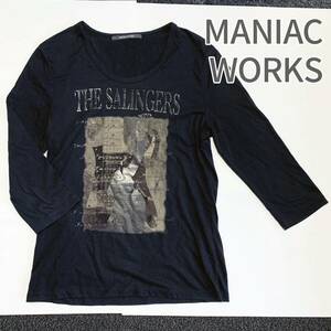 MANIAC WORKS マニアックワークス ロンT Tシャツ ブラック 七分袖 黒 メンズ レディース Mサイズ ラメプリント Uネック 長袖Tシャツ 長袖