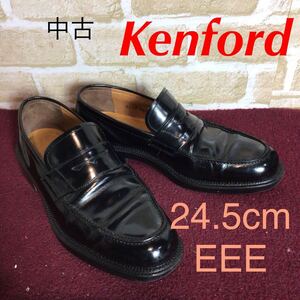 【売り切り!送料無料!】A-355 Kenford!ビジネスシューズ!コインローファー !黒!ブラック!24.5cm EEE!幅広!冠婚葬祭!中古!