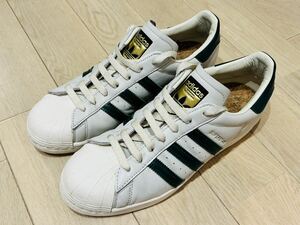 超美品 アディダスadidas スーパースター スニーカー ライトグレー×グリーン 金ベロ オールレザー 本革 レザースニーカー 27.5 US9.5