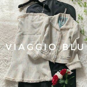 ビアッジョブルー　ファンシーツイード　ワンピーススーツ　パステル　ビジュー　マーメイドワンピース　白　2サイズ　Viaggio Blu