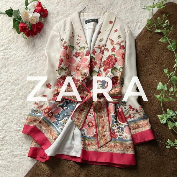 ZARA フラワープリントジャケット ガウンジャケット ウエストリボン フラワープリント 羽織り Mサイズ相当 ザラ