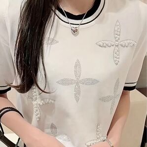 ビーズ入りラインストーンクルーネックニットトップ、春夏用のカジュアルな半袖セーター、ホワイト Lサイズ