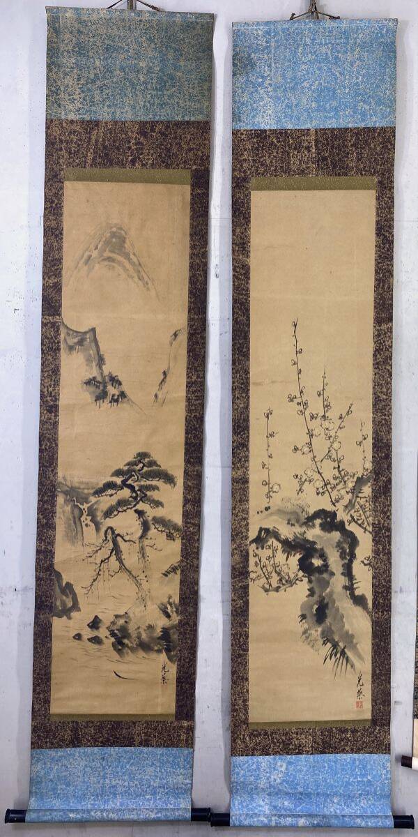 [复制品] 光洋水墨画, 松梅, 两幅挂轴, 日本画, 水墨画, 李子, 松树, 景观, 瀑布, 纸, 两件套 y19263500, 艺术品, 绘画, 水墨画