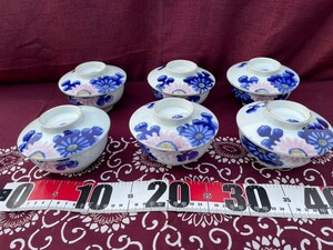 ジャンク和食器④ 蓋付き碗６個セット　検:倉庫整理品　処分品　菊絵柄　花柄　時代物　当時物　旅館　飲食店　和食器山　骨董　