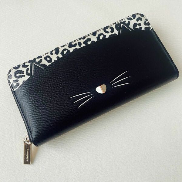 kate spade New York 猫長財布 レザー BLK レディース ラウンドファスナー ブラック ウォレット 黒 財布