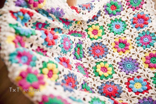 Handmade crochet flower motif★Handmade/key knitting/knitting★Throw/throw/sofa cover★, knitting, Finished product, others