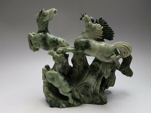 【青】030718玉石彫刻　馬置物　中国美術工芸品　24030207