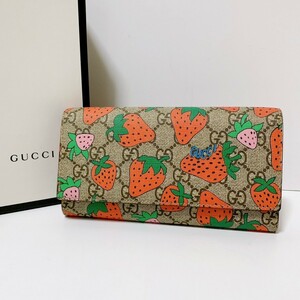 1円 グッチ ◆外観美品◆ GUCCI 長財布 二つ折り財布 573840 GGスプリーム GGキャンバス ストロベリー いちご コンチネンタルウォレット