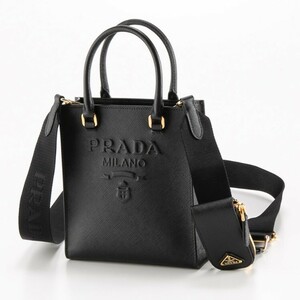 1円 プラダ ◆新品未使用 現行品◆ PRADA 2way トートバッグ ショルダーバッグ サフィアーノレザー エンボスロゴ 1BA333 ブラック ポーチ付