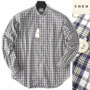 新品 UNITED ARROWS コーエン チェック柄 バンドカラー シャツ L 白黄 【I51319】 coen メンズ 長袖 ブロード コットン オールシーズン