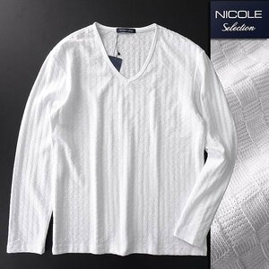 新品 ニコル 市松模様 Vネック 長袖 カットソー 50(XL) 白 【I52723】 NICOLE Selection 春夏 メンズ Tシャツ ロンT サマー チェック