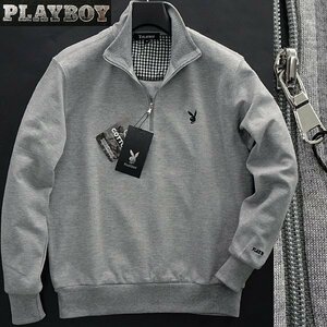 新品 プレイボーイ ハーフジップ スウェット トレーナー M 灰 【1904_97】 PLAYBOY バニー 刺繍 ジップアップ メンズ スタンド ネック