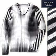 新品 ニコル ランダム テレコ ボーダー Vネック 長袖 カットソー 50(XL) 白黒 【I44105】 NICOLE Selection 春夏 Tシャツ ロンT リブ_画像1