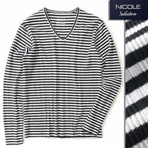 新品 ニコル ランダム テレコ ボーダー Vネック 長袖 カットソー 48(L) 白黒 【I48918】 NICOLE Selection 春夏 Tシャツ ロンT リブ