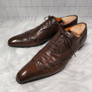 【Santoni】ビジネスシューズ 革靴 27.5 ウイングチップ メダリオン ドレス レースアップ ブラウン 営業 会社 