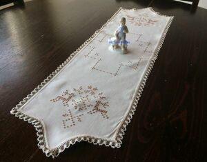 【北欧雑貨スウェーデン】ヴィンテージ◆ハンドメイド・刺繍・テーブルランナー・綿・86x26cm◆美しい縁取りレース