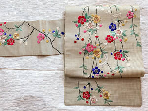 アンティーク帯　桜　ストライプ　刺繍　正絹　袷　名古屋帯