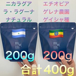 ニカラグアナチュラル&エチオピアゲイシャ各200g合計400g自家焙煎コーヒー豆