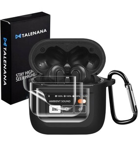 ER-111@TALENANA For JBL TOUR PRO 2ケースカバー シリコン製 全面保護 耐衝撃 装着充電可能 軽量小型 カラビナ付き フィルム３枚 ブラック