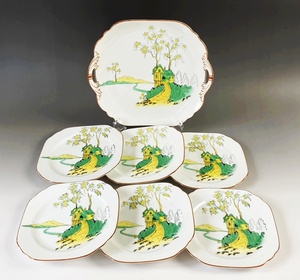 [ super rare ] Meiji 44 year Old Noritake 1911 year yajiro beige seal Japan domestic oriented plate set 7 sheets large plate 25.1 sheets small plate 16.5.6 sheets 