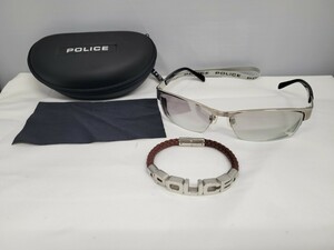 ポリス POLICE 度入り サングラス レザーブレスレット 2点セット サングラスケースつき