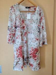 ☆新品、未使用☆Pagong 京都 亀田富染 さくら 花柄 桜 ワンピース チュニック トップス 七分袖 シースルー LL