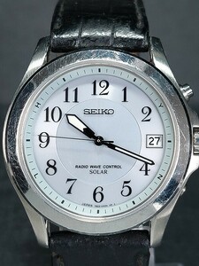 SEIKO セイコー SOLAR 電波ソーラー 7B22-0AZ0 メンズ アナログ 腕時計 3針 ホワイト文字盤 デイトカレンダー レザーベルト 動作確認済み