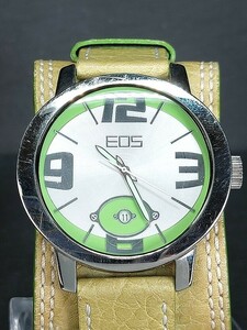 EOS EOS125 アナログ クォーツ 腕時計 ライムグリーン レザーベルト ホワイト文字盤 ステンレス カレンダー 新品電池交換済み 動作確認済み