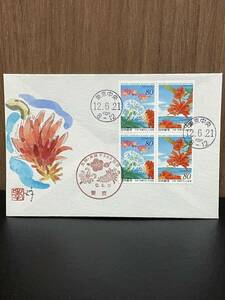 美麗FDC藤井孝次朗肉筆　2000年九州　沖縄サミット記念　県花と海　平成12年初日カバー藤井版 記念印 ハト印　東京中央 多種印 