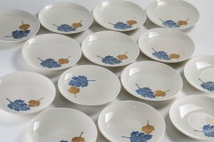 【うつわ】 京焼 平安松楽 藍絵金彩楓紋 中皿 20客 共箱 D742 和食器 京焼 古美術 骨董 古玩 日本料理 懐石 料亭 茶道具