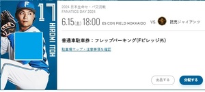 6/15 エスコンフィールド駐車券　日本ハムファイターズ　読売ジャイアンツ　フレップパーキング　PARKINGのみ　6月15日