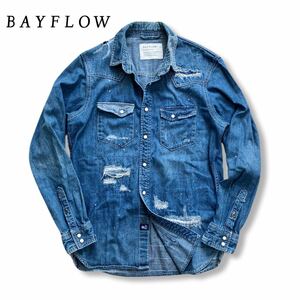 送料無料 BAYFLOW ベイフロー ダメージ & リペア 加工 デニム シャツ ウエスタン 長袖 3サイズ M