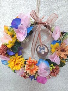 ガーベラと彩りのカラフルリース造花アレンジ　ハンドメイド