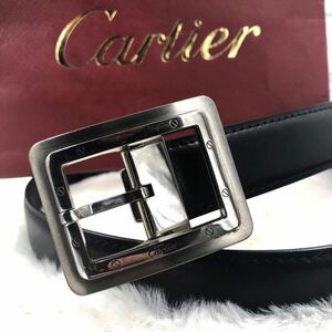 【美品】Cartier カルティエ ベルト サントス ドゥ オールレザー 本革 ブラック 黒 シルバー 金具 通勤 通学 ビジネス メンズ