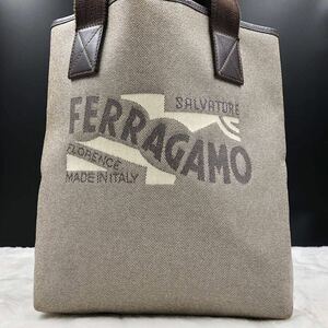 A4収納●Salvatore Ferragamo フェラガモ メンズ トートバッグ ハンド 肩掛け ビジネス PVC キャンバス レザー 本革 ベージュ ブラウン