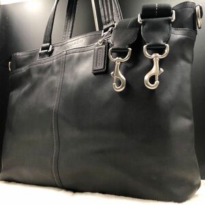 【美品】COACH コーチ メンズ レキシントン トートバッグ ビジネスバッグ ショルダー 2way オールレザー 本革 A4◎ 大容量 ブラック 黒 3層