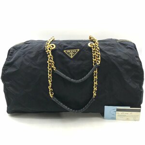 1円 PRADA プラダ ナイロン 三角ロゴ プレート チェーン ショルダー ボストン バッグ ネイビー m10885